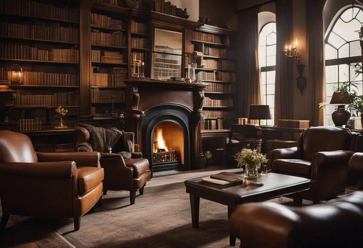 Les 10 meilleures marques de Cognac * 14 Un salon confortable avec une cheminée crépitante, un verre de Cognac reposant sur une table en bois, entouré de fauteuils en cuir et d'une bibliothèque remplie de littérature classique.