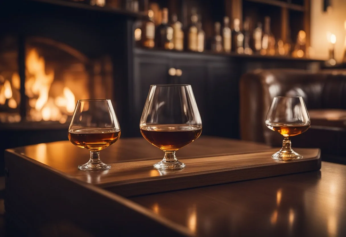 Les 10 meilleures marques de Cognac * 15 Un salon confortable avec une cheminée crépitante, une étagère remplie de diverses bouteilles de Cognac, et un verre à cognac sur une table en bois.