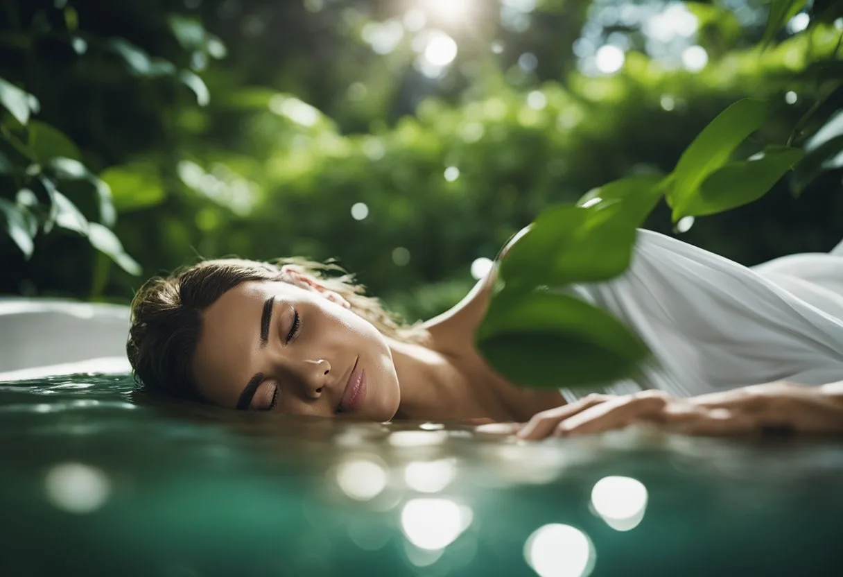 Qu'est-ce qu'une femme fontaine ? 3 Une femme allongée sur un lit, entourée d'eau vive et de verdure luxuriante, avec un regard d'extase sur le visage alors qu'elle vit une éjaculation féminine.