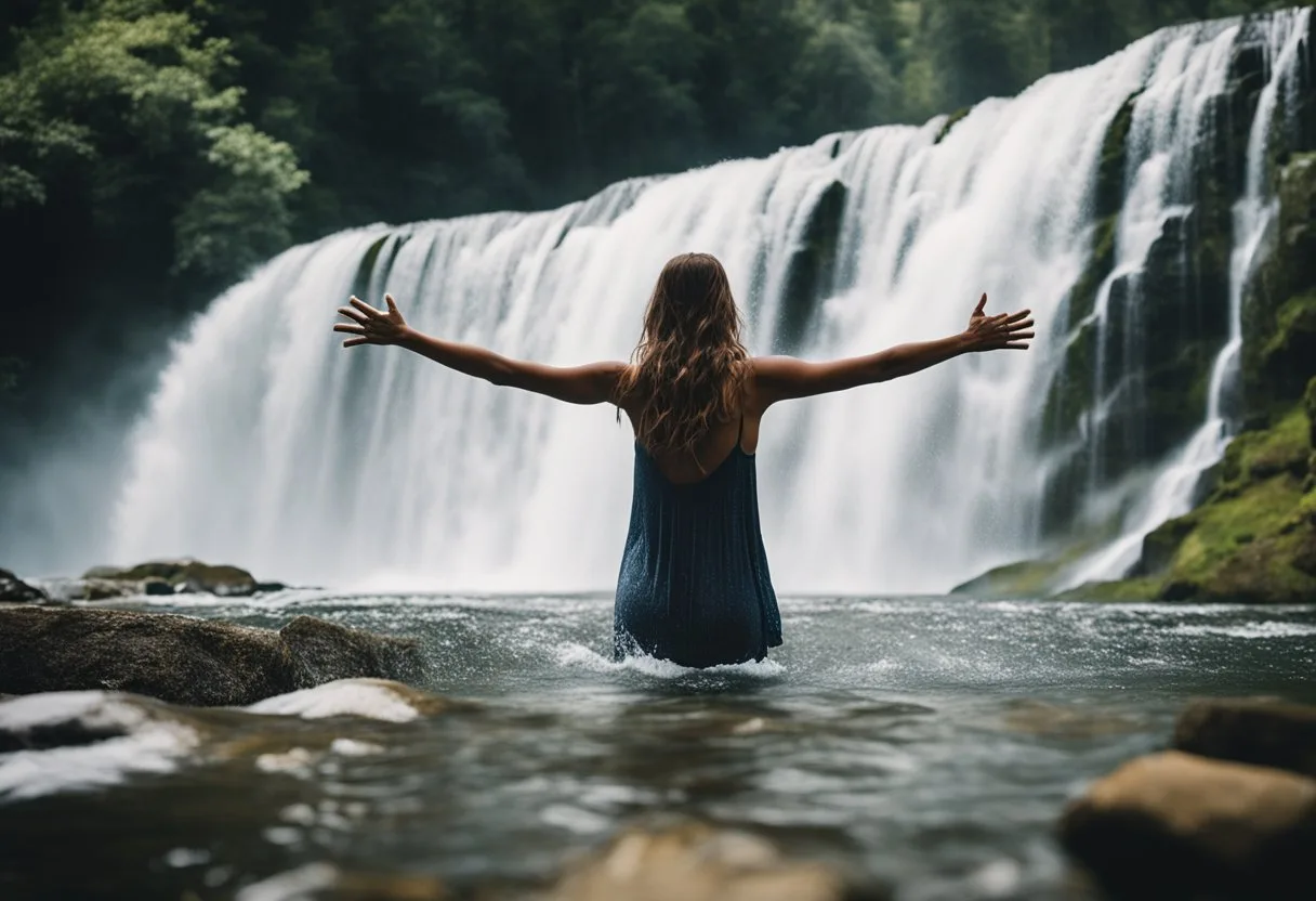 Qu'est-ce qu'une femme fontaine ? 5 Une femme se tenant sous une cascade, son corps se courbant en arrière alors qu'elle embrasse le flot d'eau, son visage exprimant l'extase et la libération.