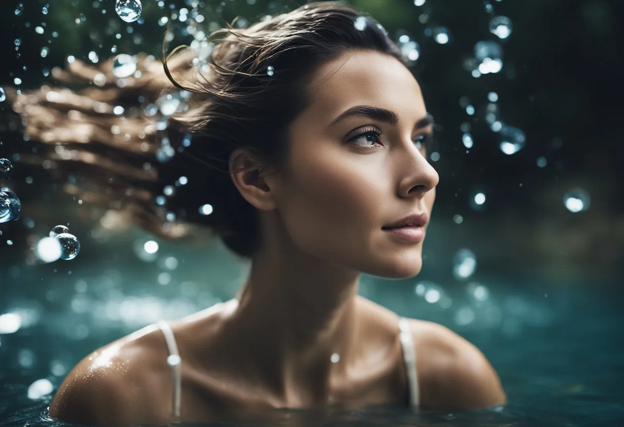 Qu'est-ce qu'une femme fontaine ? 6 Une femme entourée d'eau qui coule, avec un mélange de curiosité et de désir dans son expression.