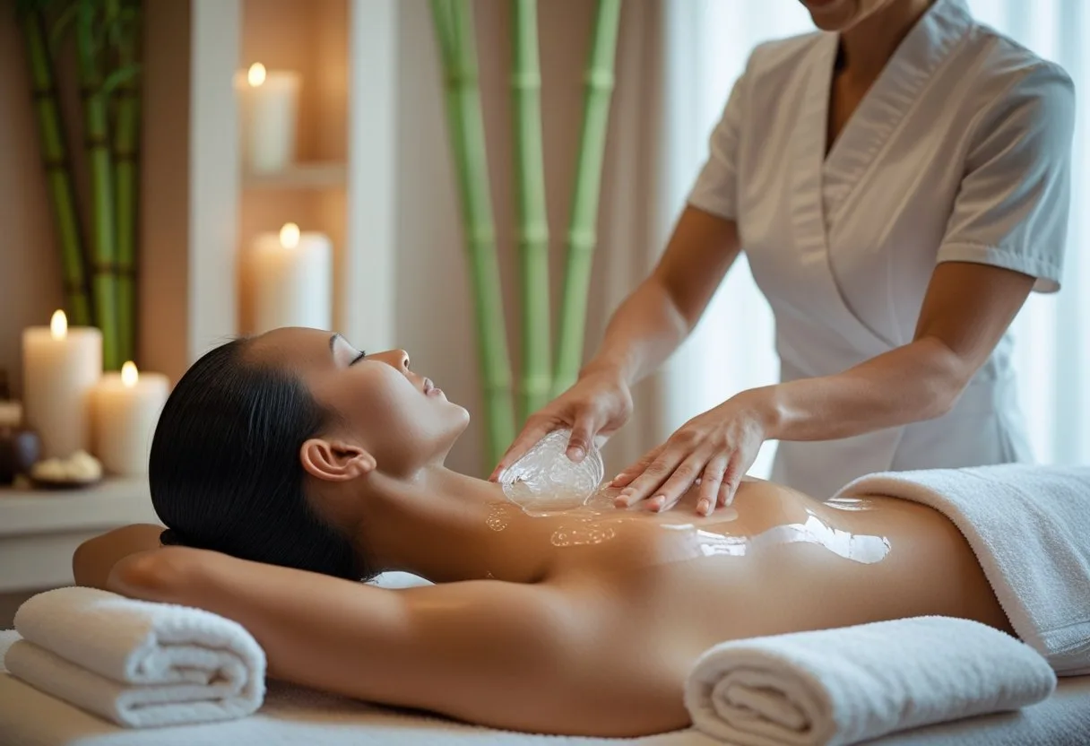 Un thérapeute effectue un massage nuru corps à corps dans une salle de spa paisible.