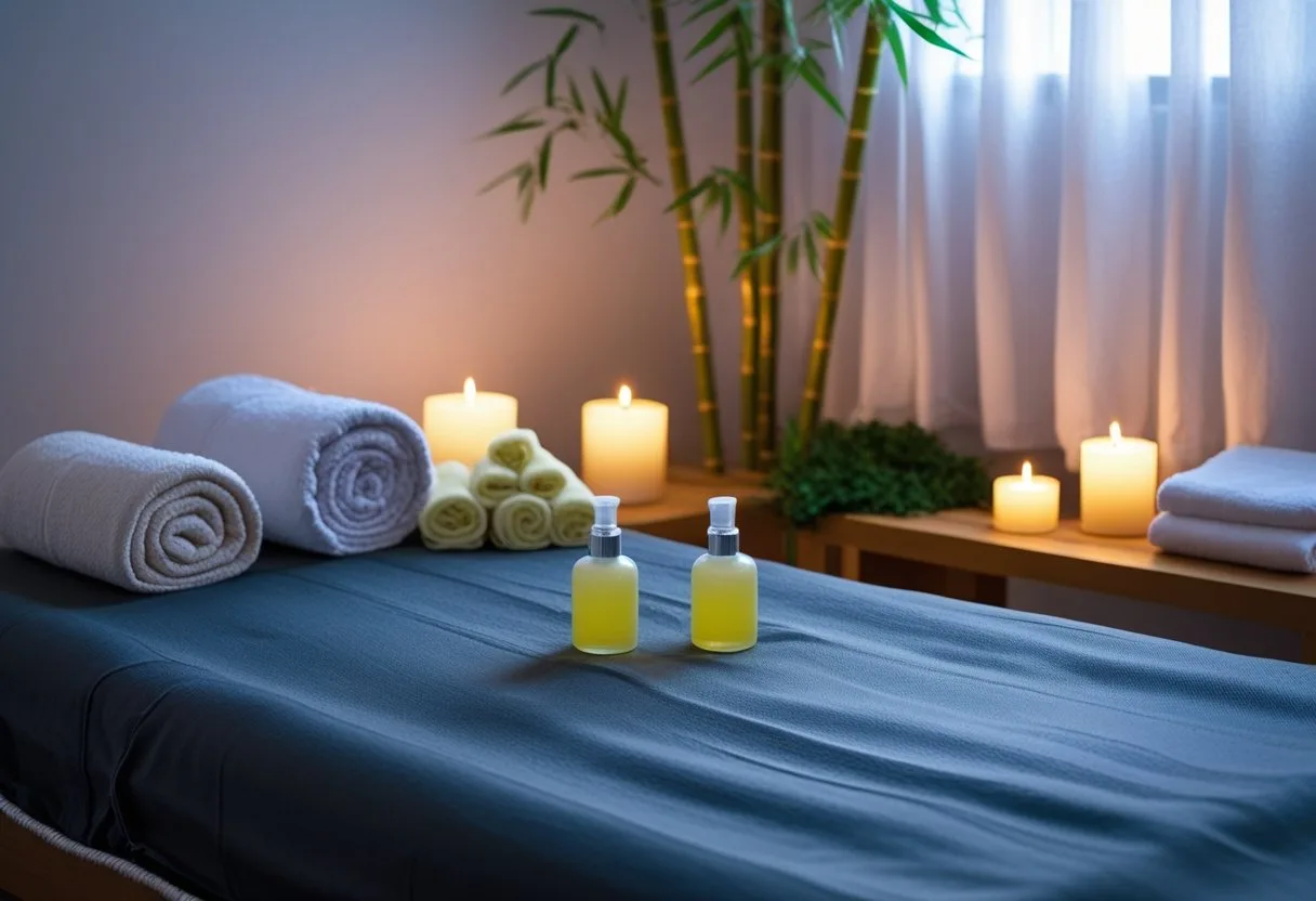 Une pièce calme et accueillante préparée pour une séance de massage nuru à la maison avec un tapis de massage, des serviettes, des bougies allumées et des bouteilles de gel de massage.