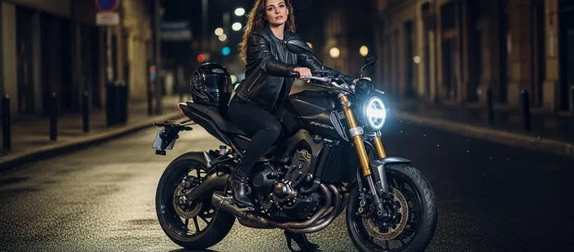 femme sexy ecuir noir sur une moto