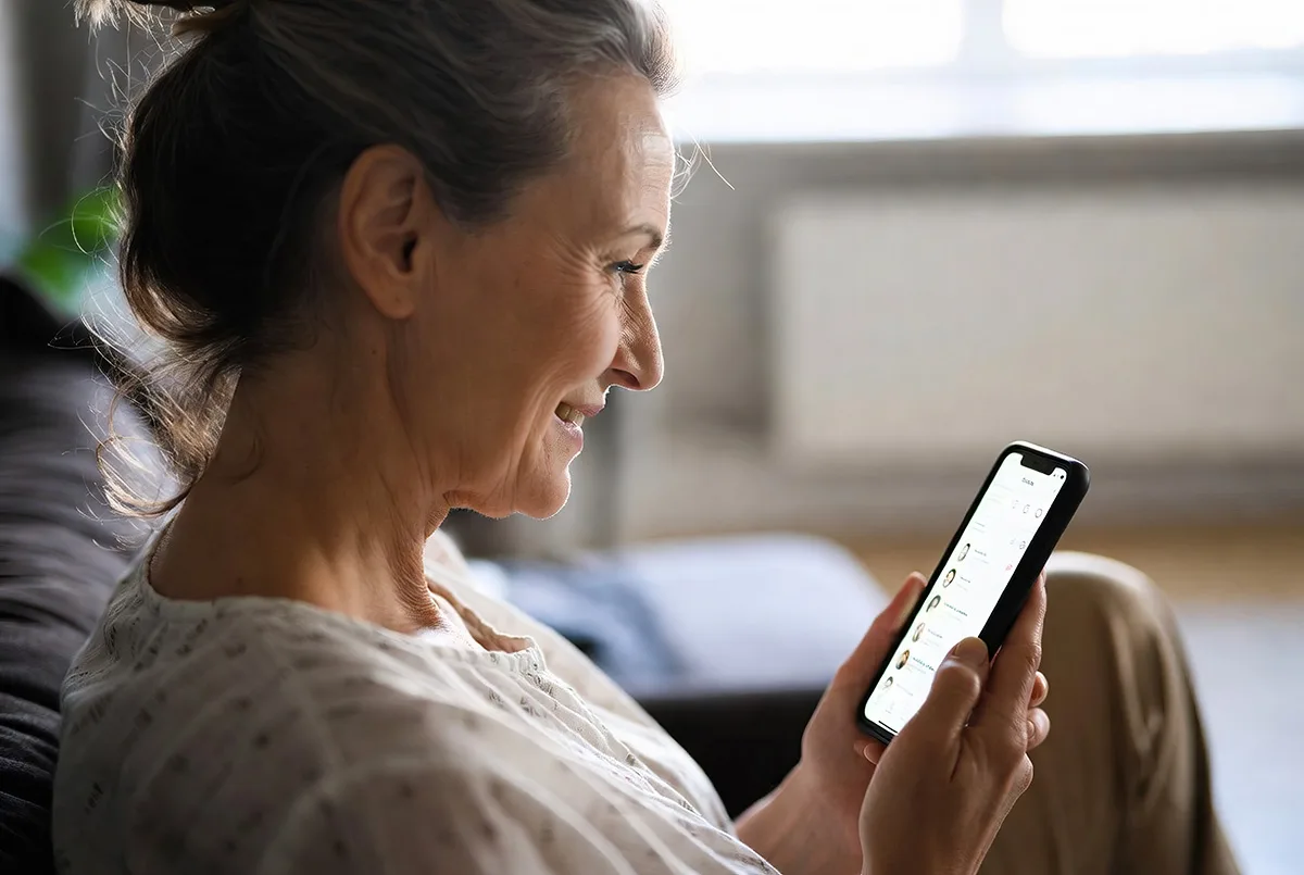 une femme mure senior drague sur son telephone